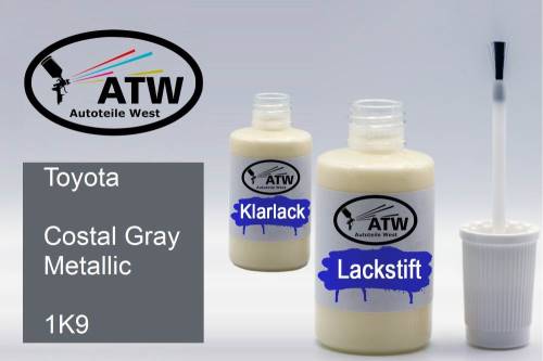 Toyota, Costal Gray Metallic, 1K9: 20ml Lackstift + 20ml Klarlack - Set, von ATW Autoteile West.